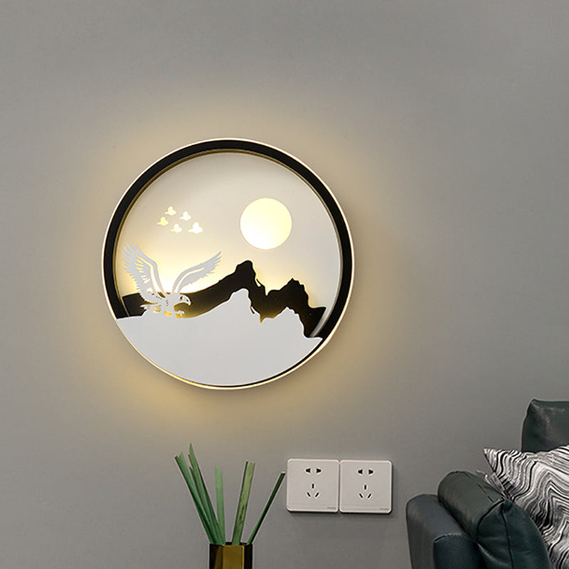 Metal Round Wall Lighting Idea Modernist LED Black Wall Lamp Sconce with Deer and Girl/Eagle/Windmill Design