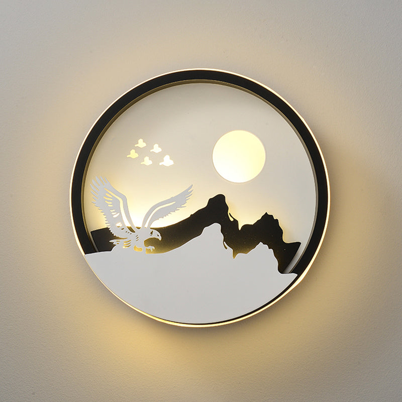 Metal Round Wall Lighting Idea Modernist LED Black Wall Lamp Sconce with Deer and Girl/Eagle/Windmill Design