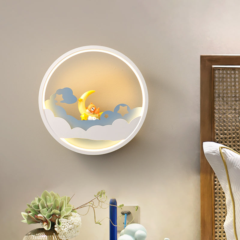 White Cloud Wall Sconce Lighting Contemporary LED Acrylic Ring Wall Lamp Fixture with Girl/Bear/Little Monk Deco