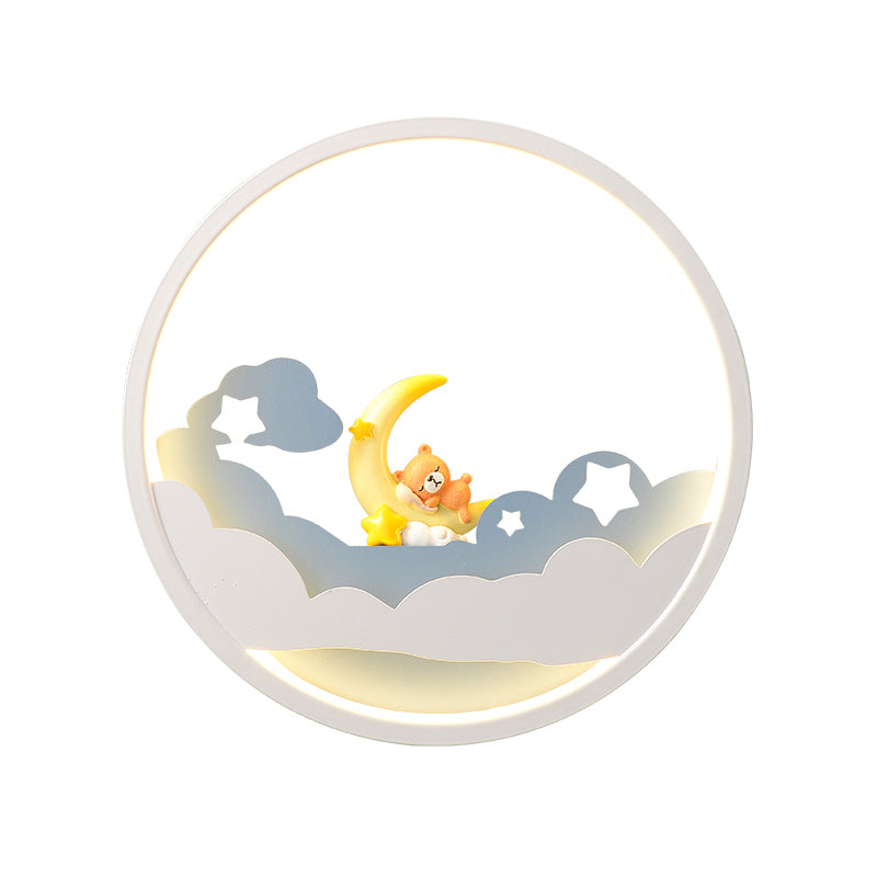 White Cloud Wall Sconce Lighting Contemporary LED Acrylic Ring Wall Lamp Fixture with Girl/Bear/Little Monk Deco