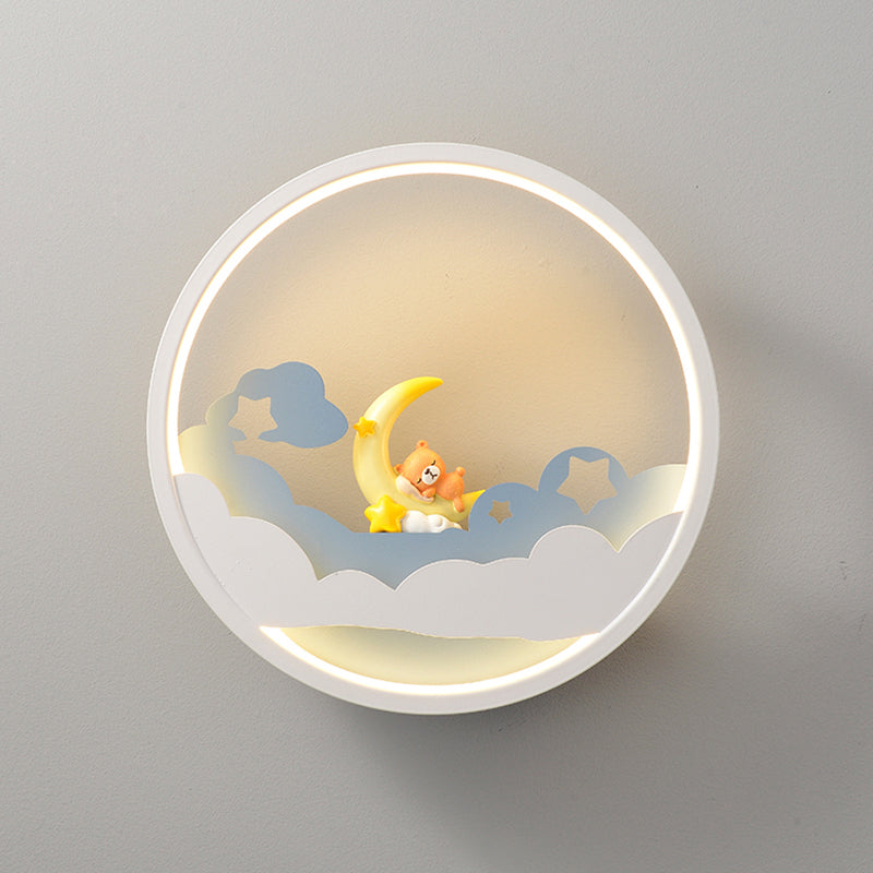 White Cloud Wall Sconce Lighting Contemporary LED Acrylic Ring Wall Lamp Fixture with Girl/Bear/Little Monk Deco