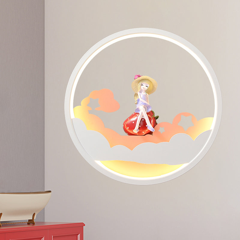 White Cloud Wall Sconce Lighting Contemporary LED Acrylic Ring Wall Lamp Fixture with Girl/Bear/Little Monk Deco