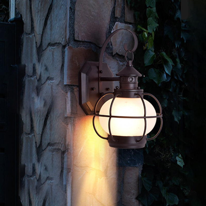 Coffee/Bronze Lantern Wall Light Retro White/Clear Glass 1 Head Outdoor Wall Lighting with Wire Cage
