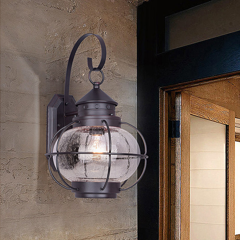 Coffee/Bronze Lantern Wall Light Retro White/Clear Glass 1 Head Outdoor Wall Lighting with Wire Cage