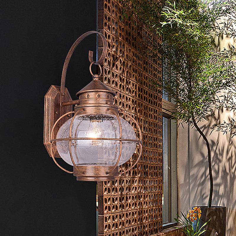 Coffee/Bronze Lantern Wall Light Retro White/Clear Glass 1 Head Outdoor Wall Lighting with Wire Cage