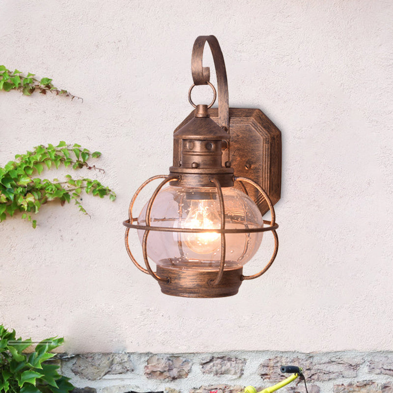 Coffee/Bronze Lantern Wall Light Retro White/Clear Glass 1 Head Outdoor Wall Lighting with Wire Cage