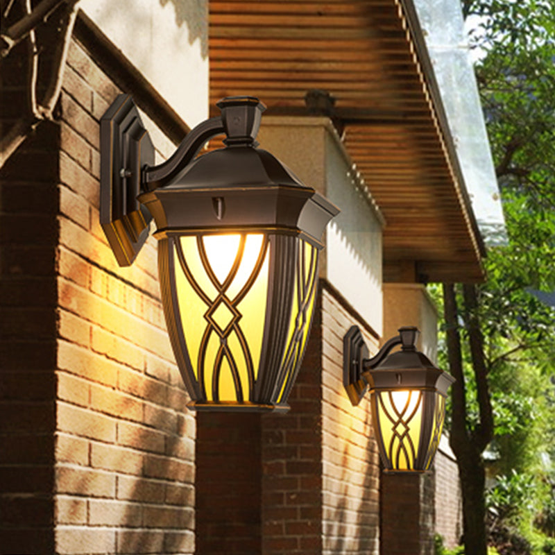 Curved Arm Frosted Glass Sconce Countryside 1 Bulb Outdoor Wall Mounted Lighting in Coffee