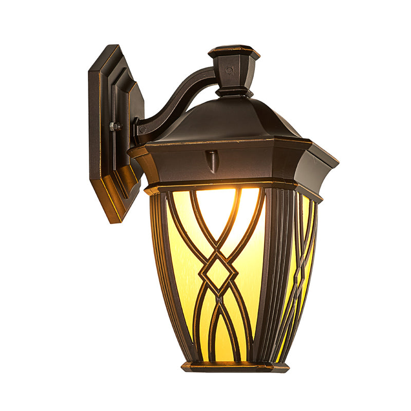 Curved Arm Frosted Glass Sconce Countryside 1 Bulb Outdoor Wall Mounted Lighting in Coffee