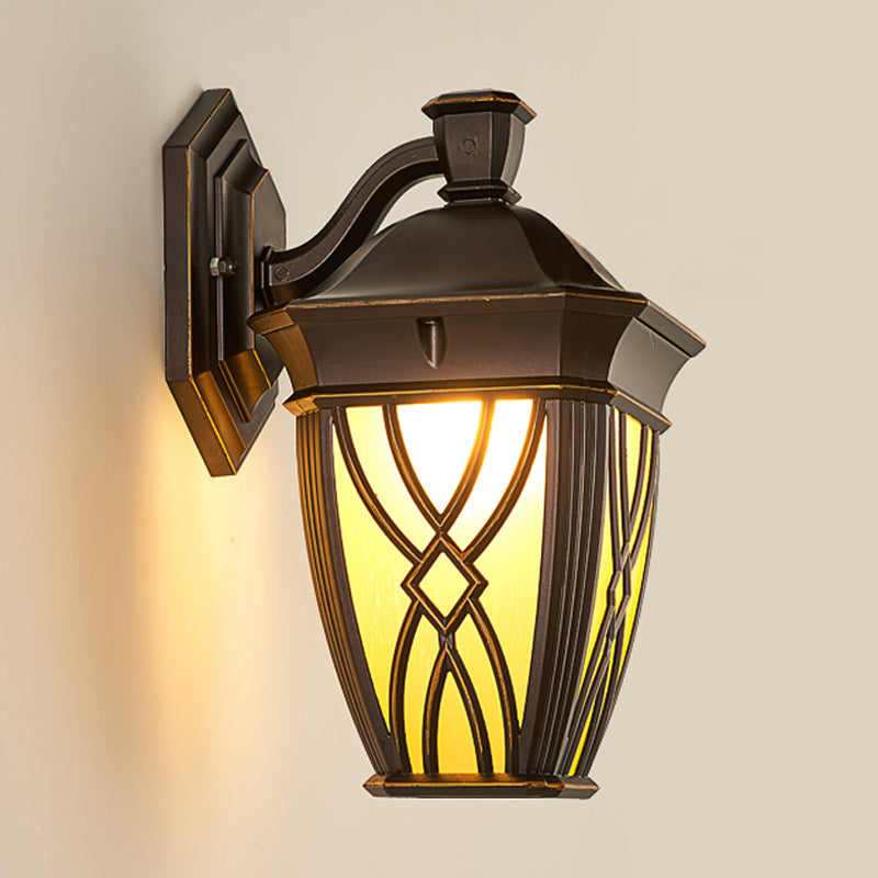 Curved Arm Frosted Glass Sconce Countryside 1 Bulb Outdoor Wall Mounted Lighting in Coffee