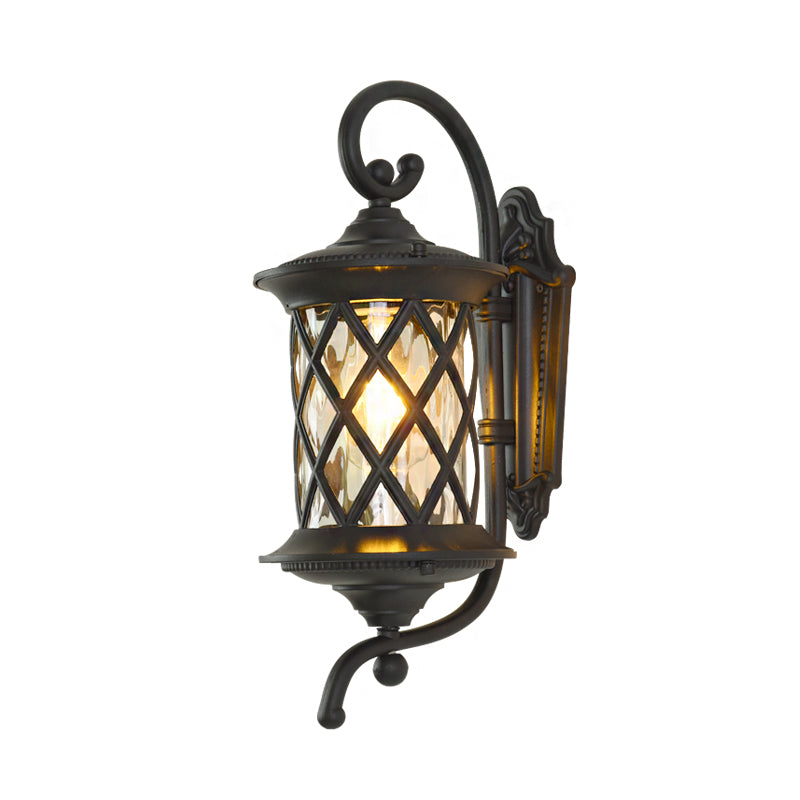 Curling Arm Outdoor Wall Light Rural 1 Head Clear Ripple Glass Black Wall Sconce Lighting