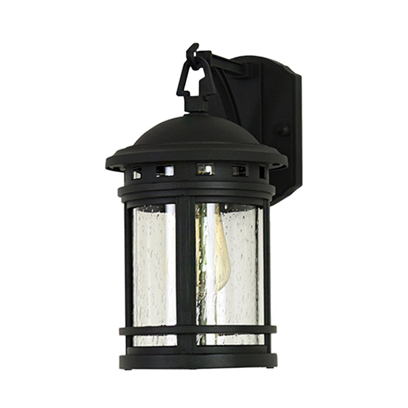 Clear Seeded Glass Lantern Sconce Rustic 1 Light Outdoor Wall Lighting with Metal Frame in Coffee/Black