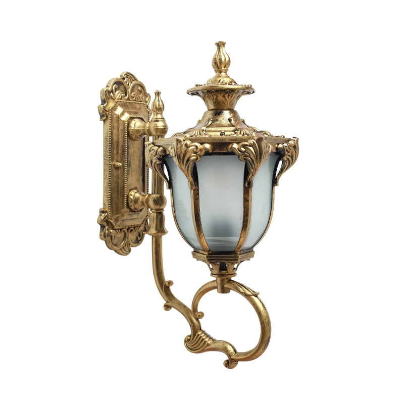 Scrolling Am Metal Wall Lamp Rustic 1 Bulb Outdoor Sconce with Opal Glass Shade in Brass/Coffee