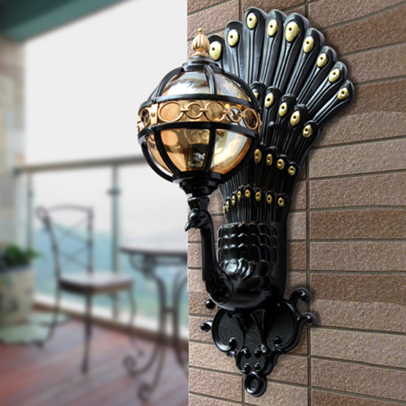 Amber Glass Ball Wall Lighting 1 Bulb Courtyard Wall Mounted Light in Black with Peacock Tail Backplate