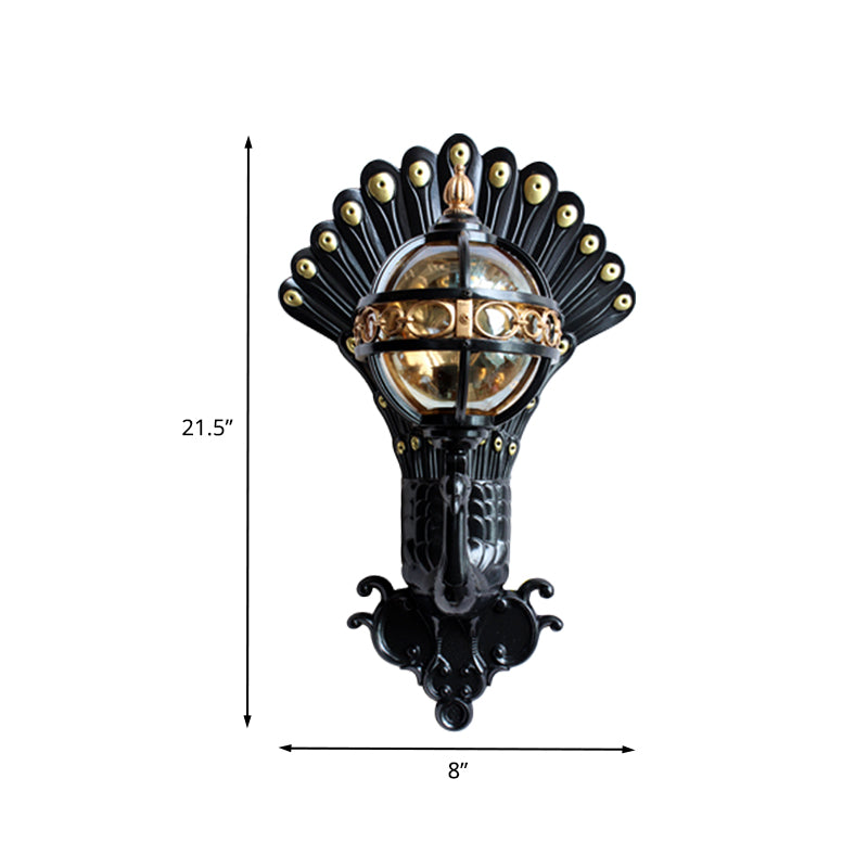 Amber Glass Ball Wall Lighting 1 Bulb Courtyard Wall Mounted Light in Black with Peacock Tail Backplate