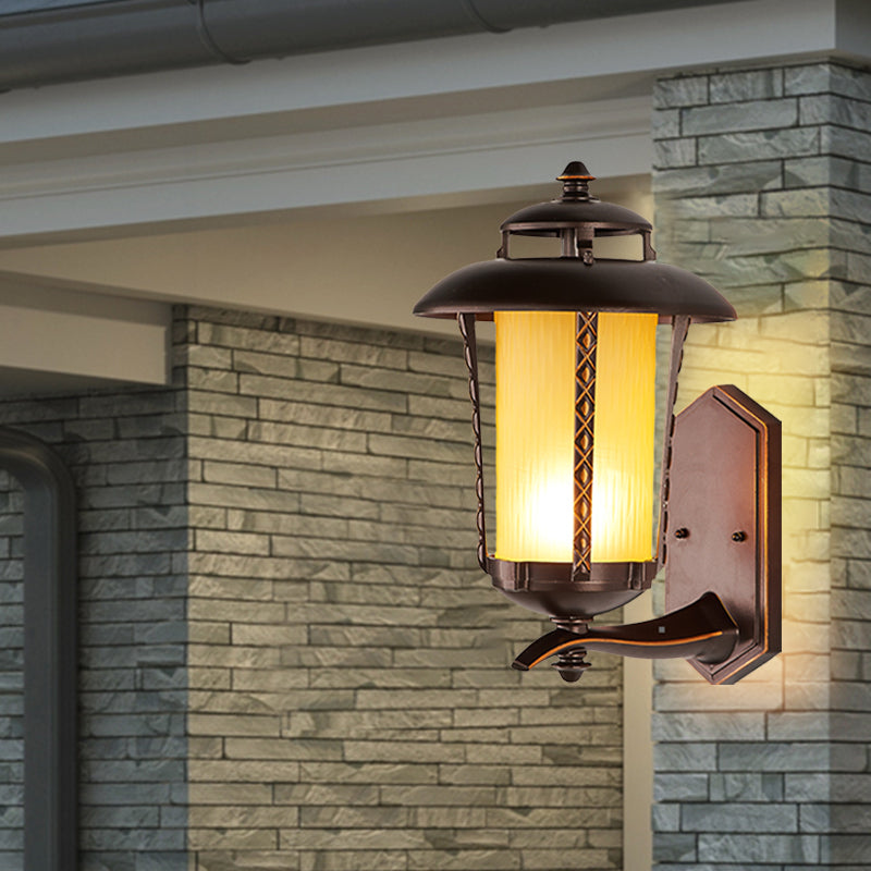 Rustic Style Lantern Wall Sconce Lamp 1-Bulb Opal Frosted Glass Wall Lighting Fixture in Dark Coffee