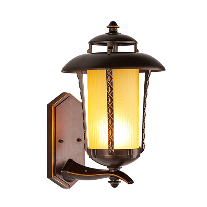 Rustic Style Lantern Wall Sconce Lamp 1-Bulb Opal Frosted Glass Wall Lighting Fixture in Dark Coffee