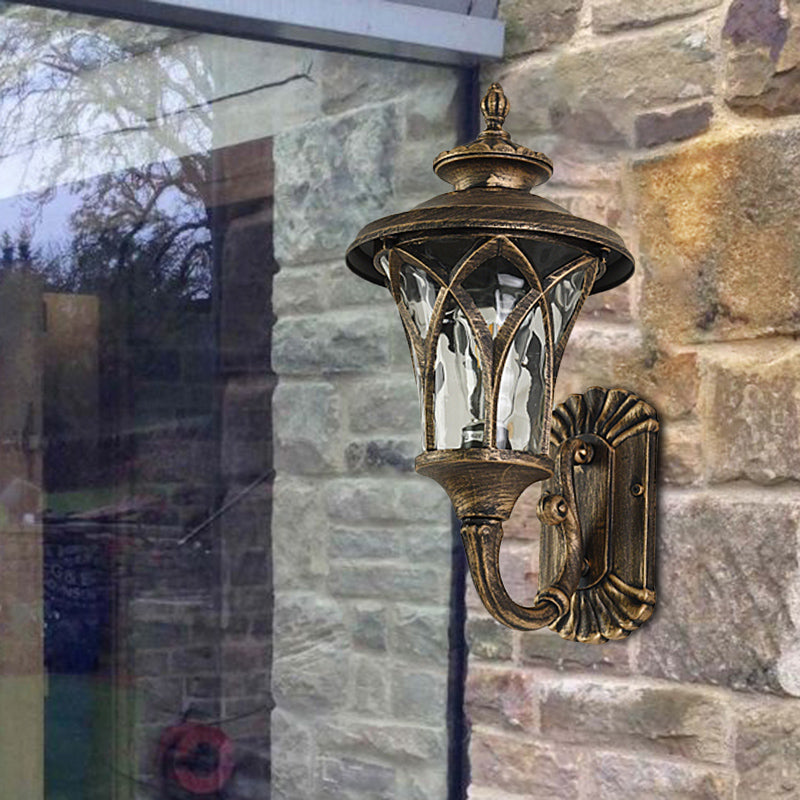 Arch Water Glass Wall Light Rural 1-Head Courtyard Wall Sconce Lighting Fixture in Black/Bronze