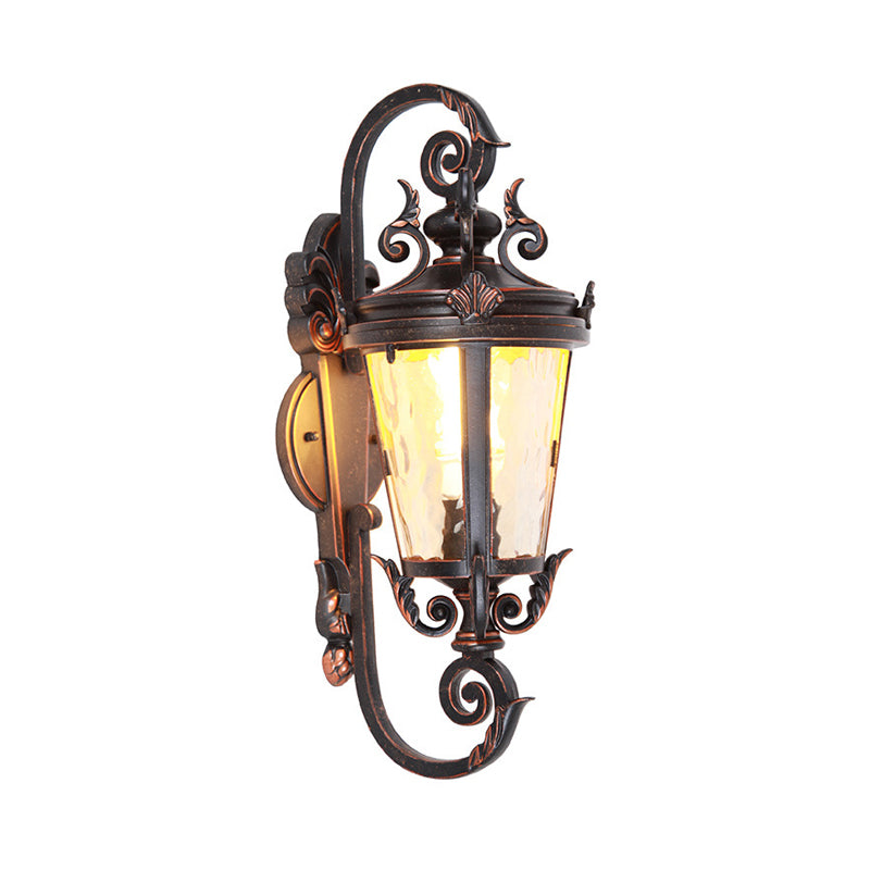 1-Head Wall Mounted Light Cottage Patio Sconce Lamp with Lantern Amber Dimple Glass Shade in Black