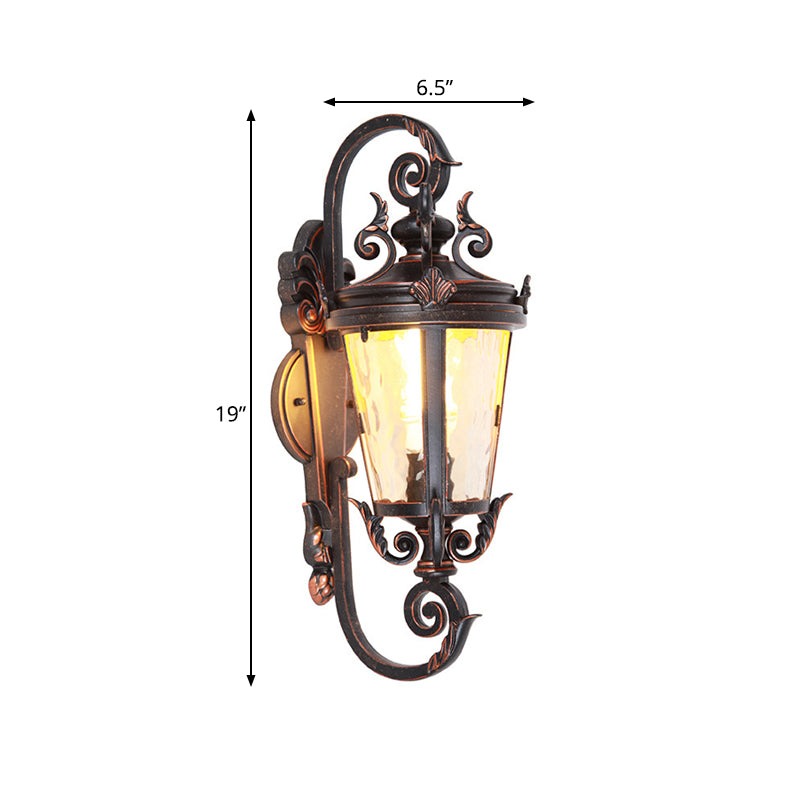 1-Head Wall Mounted Light Cottage Patio Sconce Lamp with Lantern Amber Dimple Glass Shade in Black