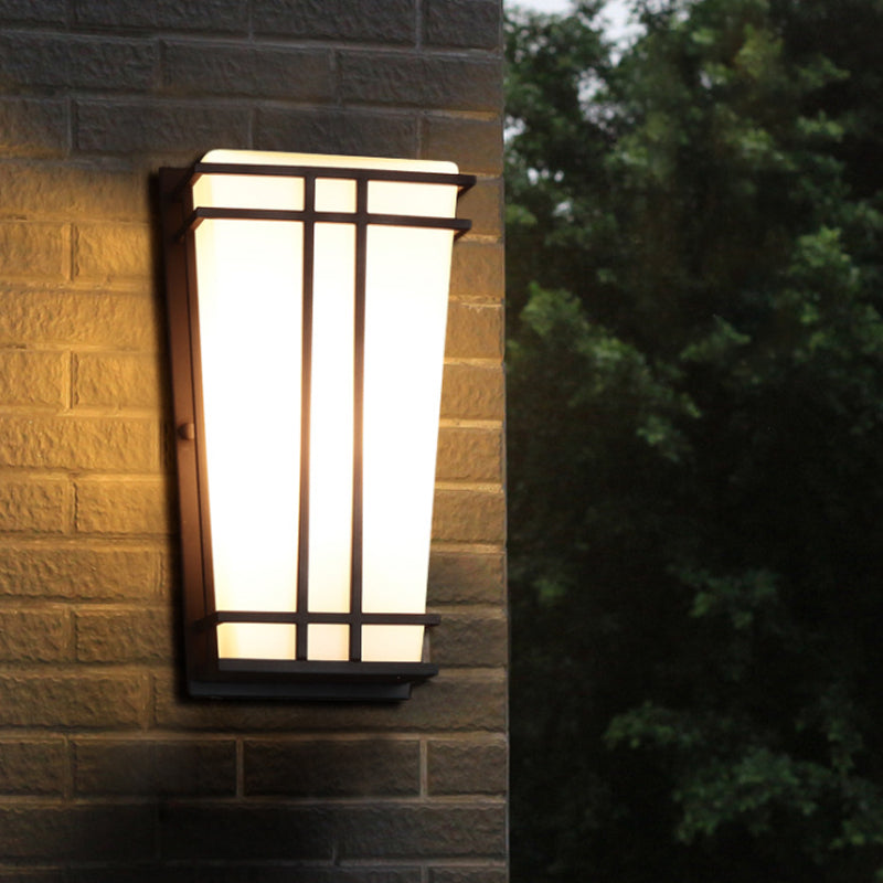 White Glass Trapezoid Flush Mount Wall Light Rustic 1 Light Patio Wall Lighting Ideas in Textured Black