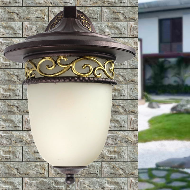 1-Head Wall Mount Light Rustic Elongated Dome Frosted Glass Wall Lamp in Black for Outdoor