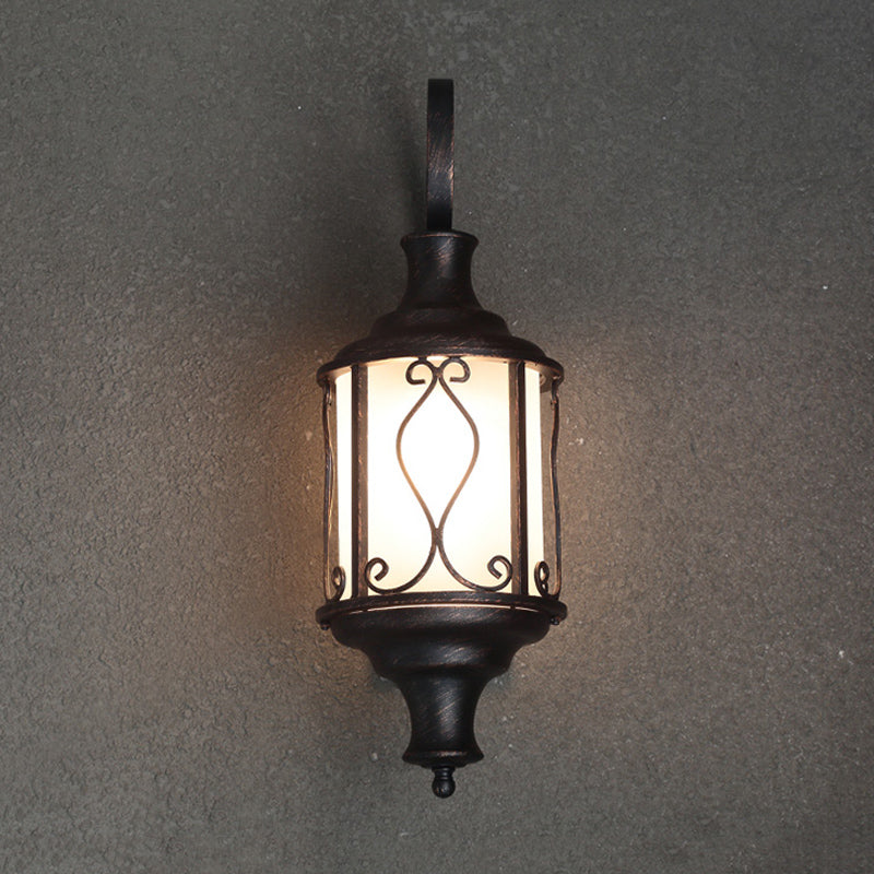 Opal Glass Lantern Wall Mounted Light Traditional 1-Light Patio Wall Lighting Ideas in Black/Rust