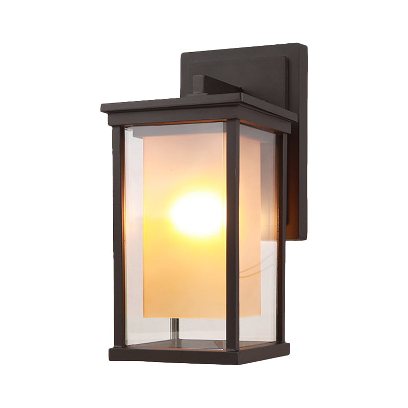 1 Bulb Wall Light Lodge Yard Amber Glass Sconce with Rectangle Clear Glass Shade in Black