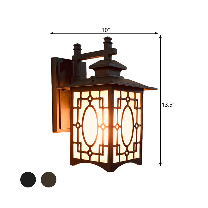1 Head Frosted Glass Wall Lighting Rustic Black/Bronze Lantern Shaped Courtyard Sconce Light