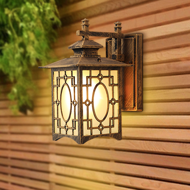 1 Head Frosted Glass Wall Lighting Rustic Black/Bronze Lantern Shaped Courtyard Sconce Light