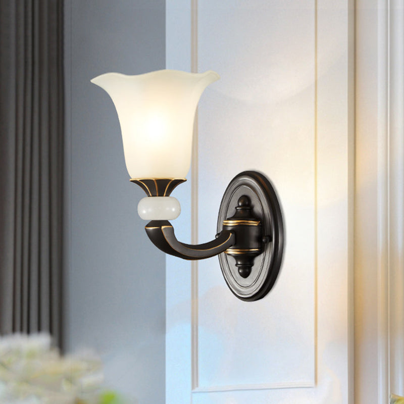 Antiqued Flower Up Wall Light Fixture 1/2-Light Frosted Glass Wall Mounted Lamp in Black and Gold