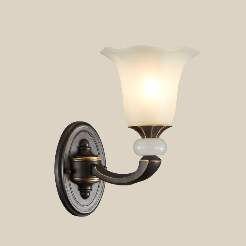 Antiqued Flower Up Wall Light Fixture 1/2-Light Frosted Glass Wall Mounted Lamp in Black and Gold
