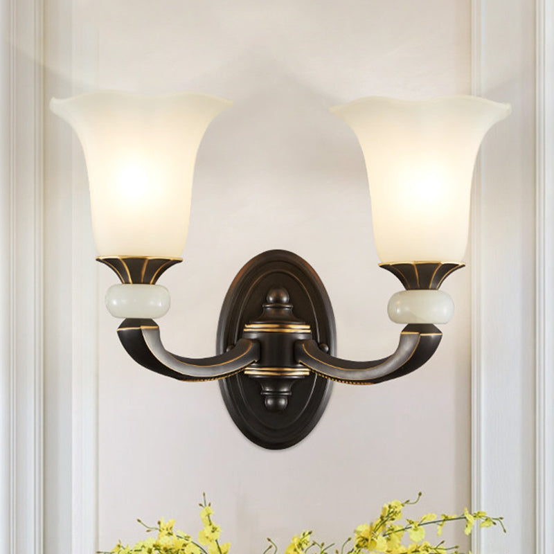 Antiqued Flower Up Wall Light Fixture 1/2-Light Frosted Glass Wall Mounted Lamp in Black and Gold