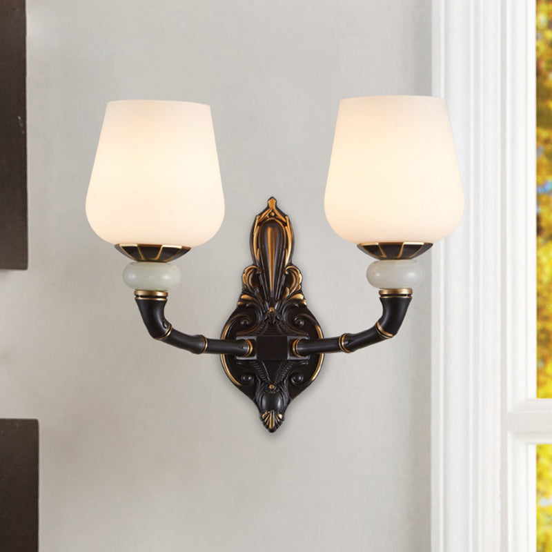 Black and Gold Cup-Shape Wall Lighting Traditional Opal Glass 1/2-Head Indoor Wall Lamp