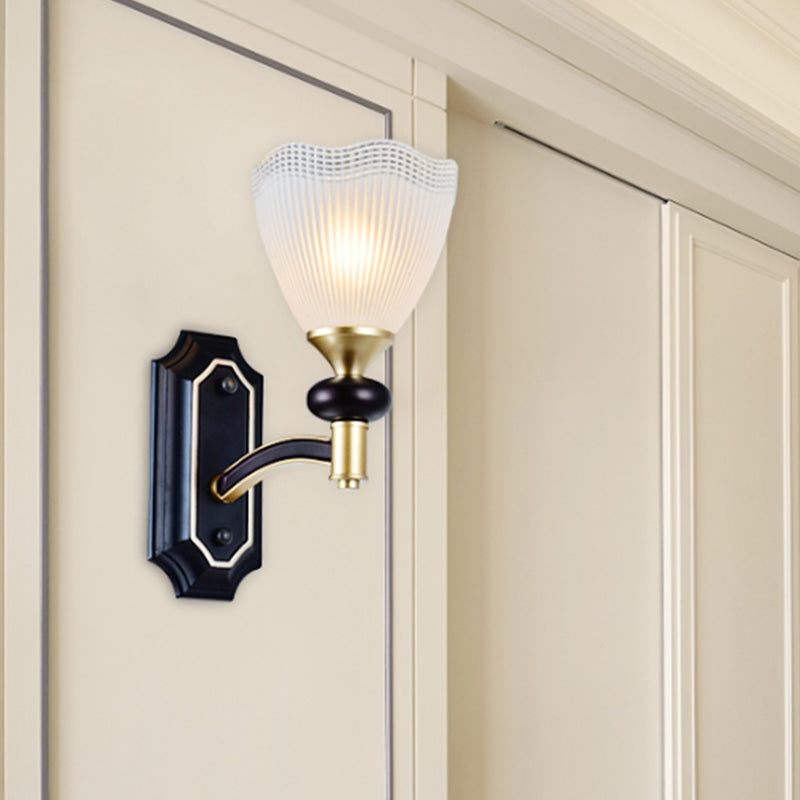 Latticed Translucent Glass Cone Up Wall Lamp Farmhouse 1/2 Light Indoor Wall Mount Lighting in Black and Gold