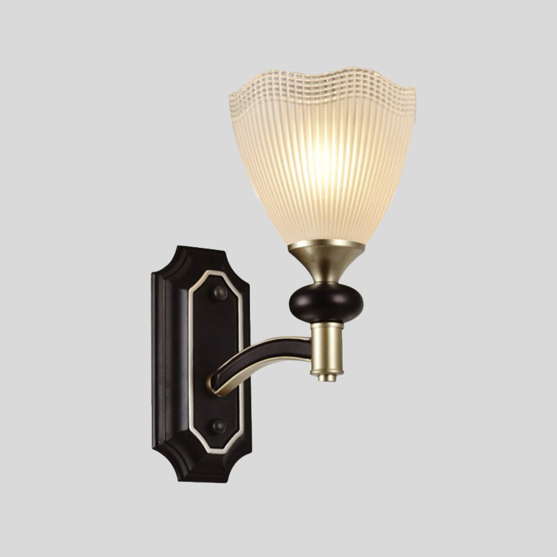 Latticed Translucent Glass Cone Up Wall Lamp Farmhouse 1/2 Light Indoor Wall Mount Lighting in Black and Gold