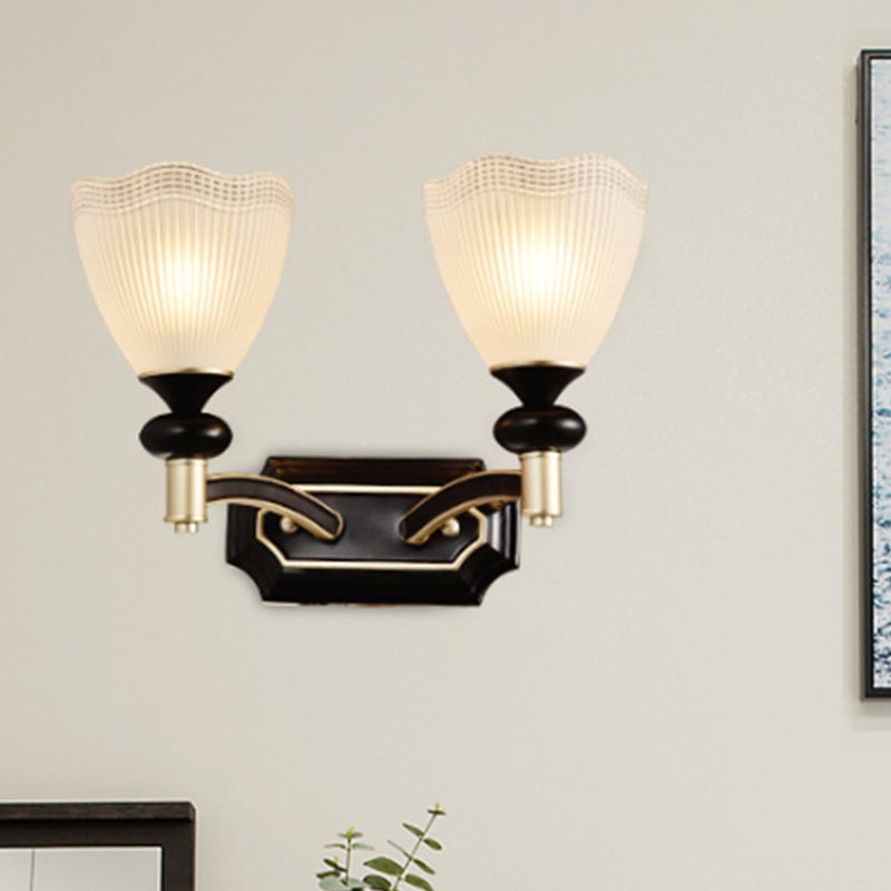 Latticed Translucent Glass Cone Up Wall Lamp Farmhouse 1/2 Light Indoor Wall Mount Lighting in Black and Gold