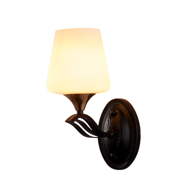 Black 1-Light Wall Mounted Light Traditional White Frosted Glass Conic Wall Lamp Fixture