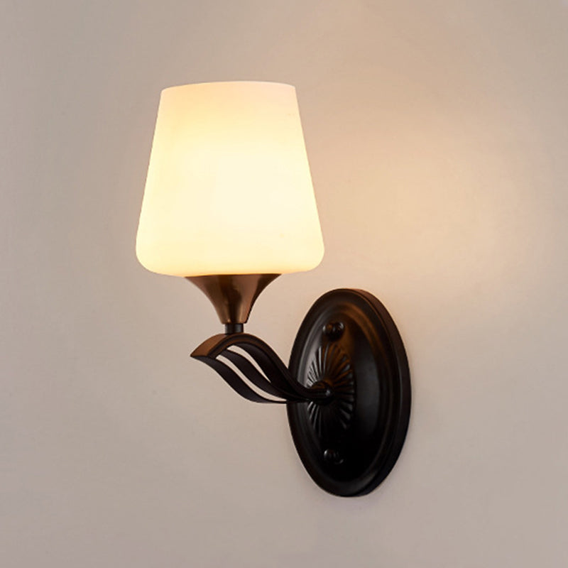 Black 1-Light Wall Mounted Light Traditional White Frosted Glass Conic Wall Lamp Fixture