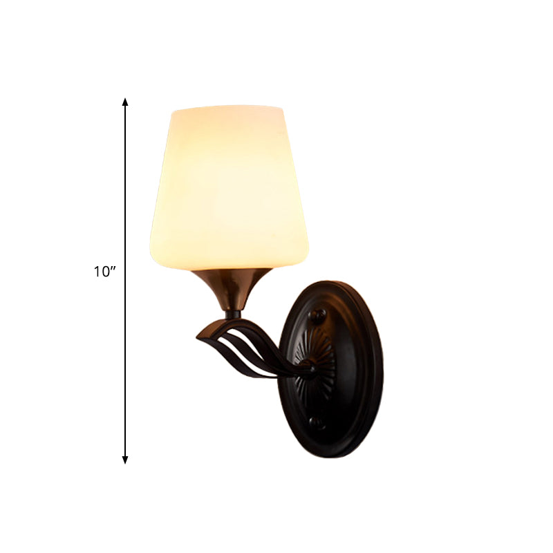 Black 1-Light Wall Mounted Light Traditional White Frosted Glass Conic Wall Lamp Fixture