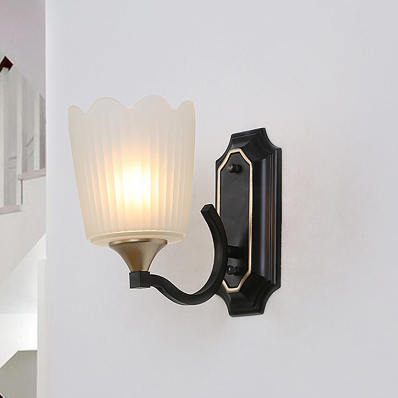 1/2-Light Scalloped Cup Wall Light Sconce Vintage Black Finish Frosted Glass Wall Mount Lamp