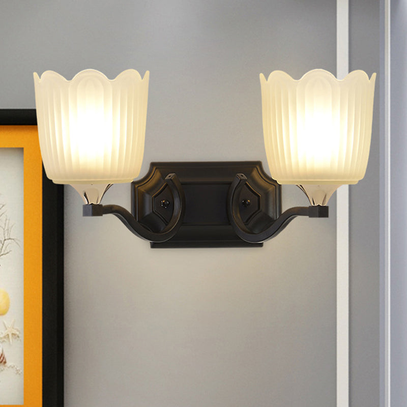 1/2-Light Scalloped Cup Wall Light Sconce Vintage Black Finish Frosted Glass Wall Mount Lamp