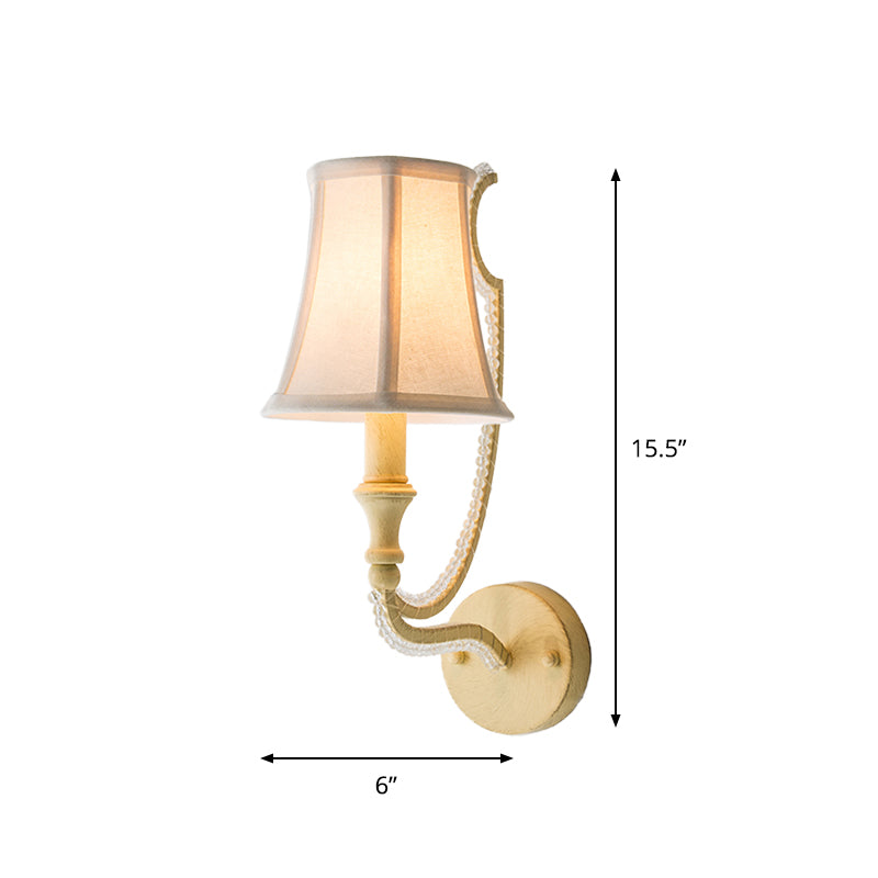 1/2-Bulb Wall Lighting Ideas Rustic Paneled Bell Fabric Wall Light Fixture in Beige/Aged Silver with Crystal Droplet