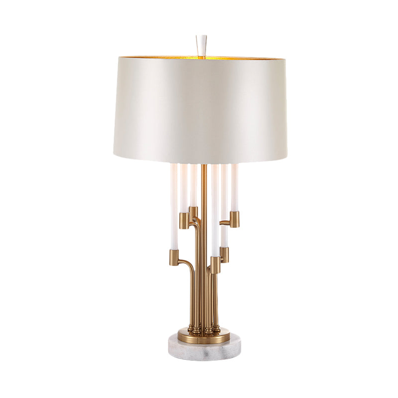 Lampada da tavolo tradizionale a tamburo con 1 illuminazione da comodino in tessuto leggero in oro interno con decorazione in cristallo flauto