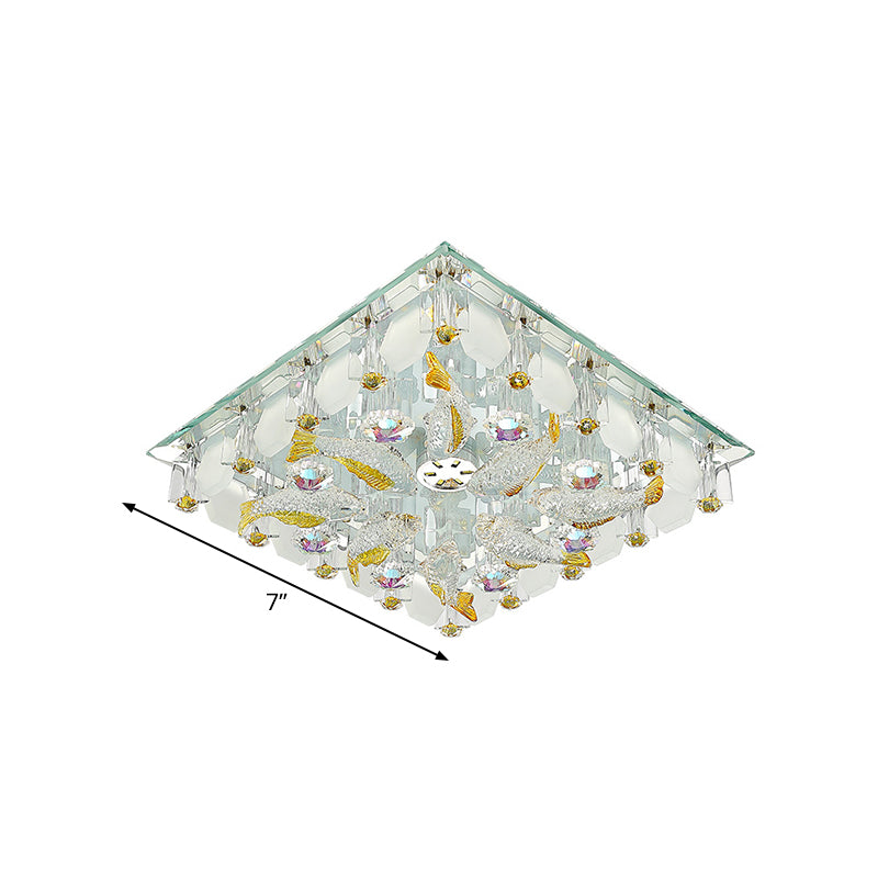 Small Squared LED Flush Ceiling Light Modernist Yellow Crystal Flush Mount Lighting with Fish Design, Warm/White Light