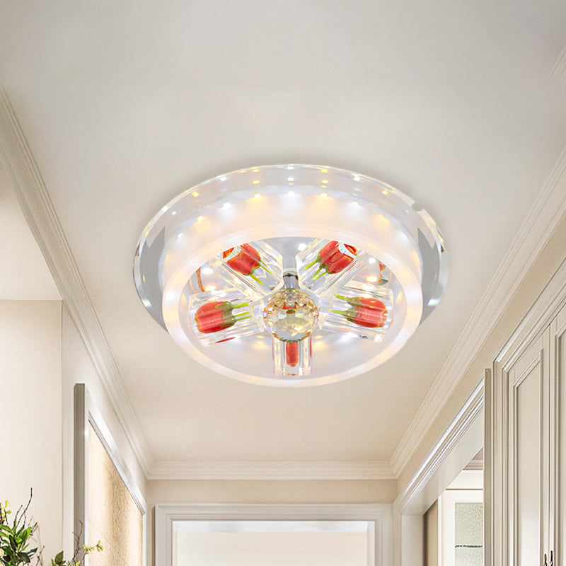 Frosted Glass LED Flush Mount Light Modern Red Rose Cake Living Room Ceiling Fixture with Crystal Shade