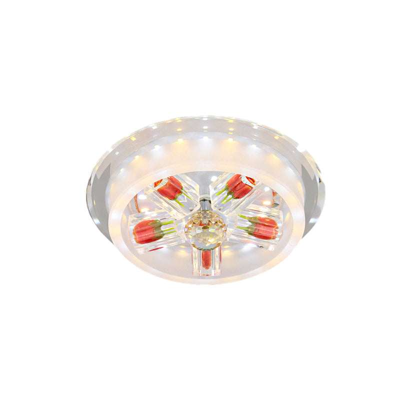 Frosted Glass LED Flush Mount Light Modern Red Rose Cake Living Room Ceiling Fixture with Crystal Shade