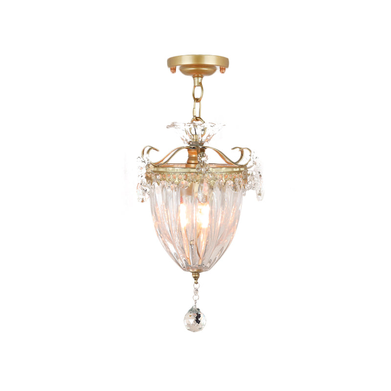 Gold 1 Bulb Semi Flush Ceiling Light Traditional Ribbed Crystal Bell Flush Mount Fixture