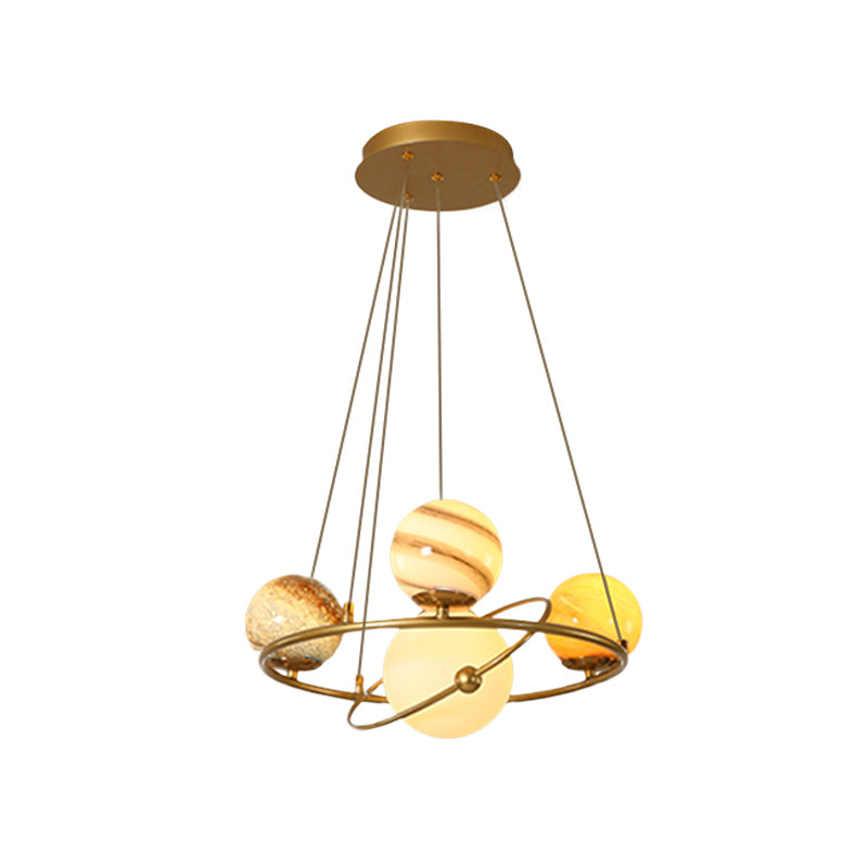 Kids Solar System Ceiling Pendant Light Stained Glass 4/6-Head Bedroom Chandelier Lighting in Gold