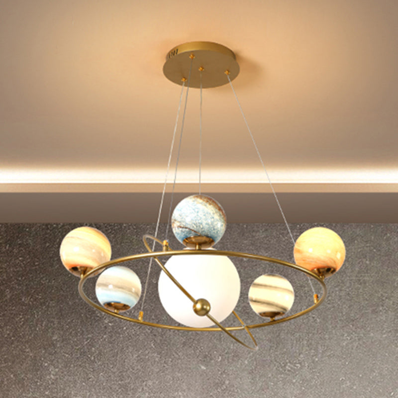 Kids Solar System Ceiling Pendant Light Stained Glass 4/6-Head Bedroom Chandelier Lighting in Gold