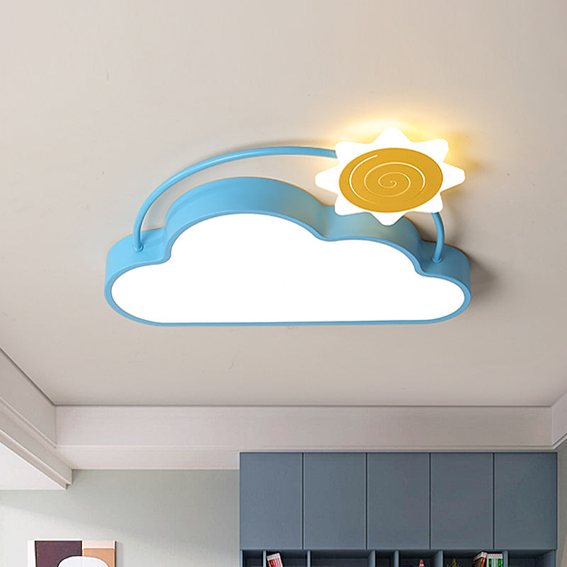 Iron Sun Above Cloud Flush Mount Cartoon Blue and Gold LED Close to Ceiling Light
